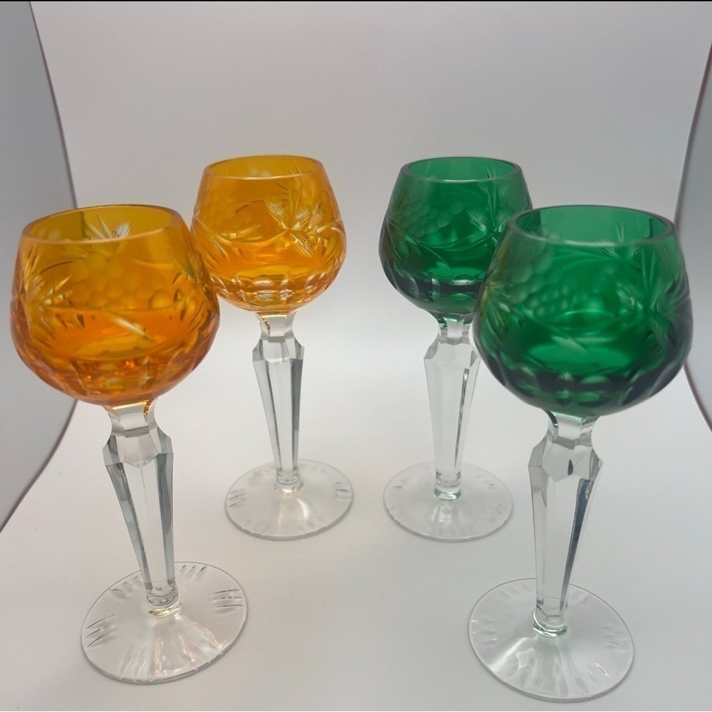 Handblown Crystal Cordial Glasses, Emerald Green and Orange - Picture 10 of 11